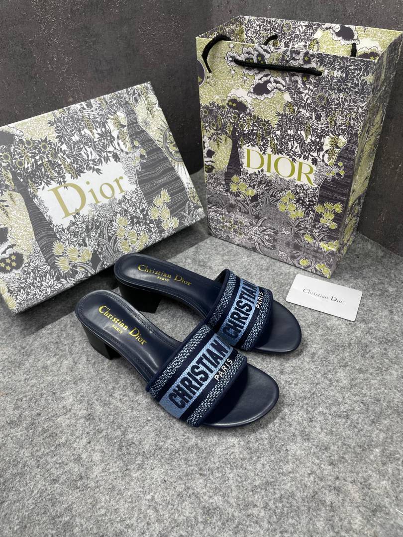 Christiaan Dioor Dway heeled Slides SIGNATURE CD Paris Embroidery With OG Box & Carry Bag 1407-1 Blue