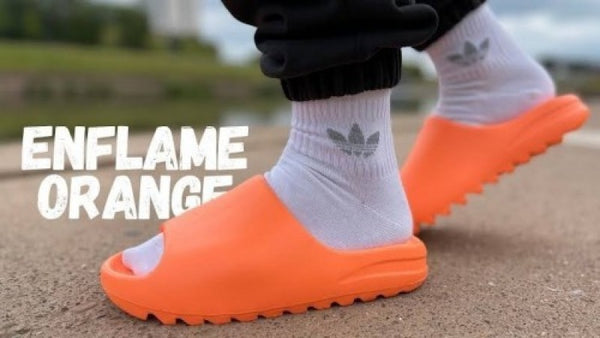 Adidas Yeezy Slide Enflame Orange with adiddass blue box