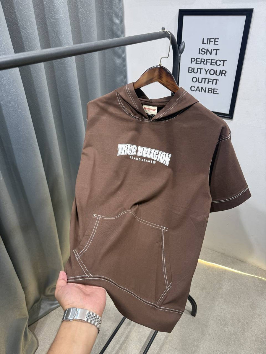 True religion drop shoulder hooded imported tshirt brown
