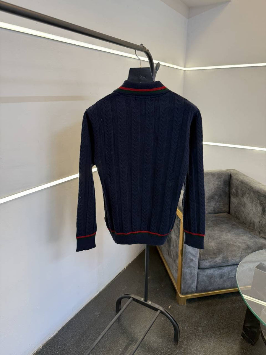 Gucci navy blue knitted imported sweatshirt with brand button and logo on chest