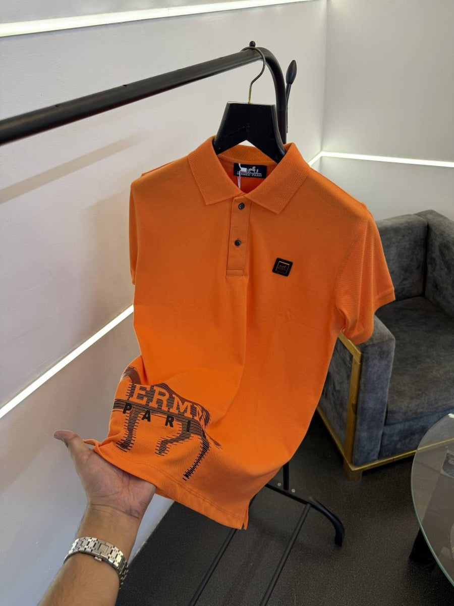 Hermes turkey imported polo tshirt with brand button steel logo and premium print orange