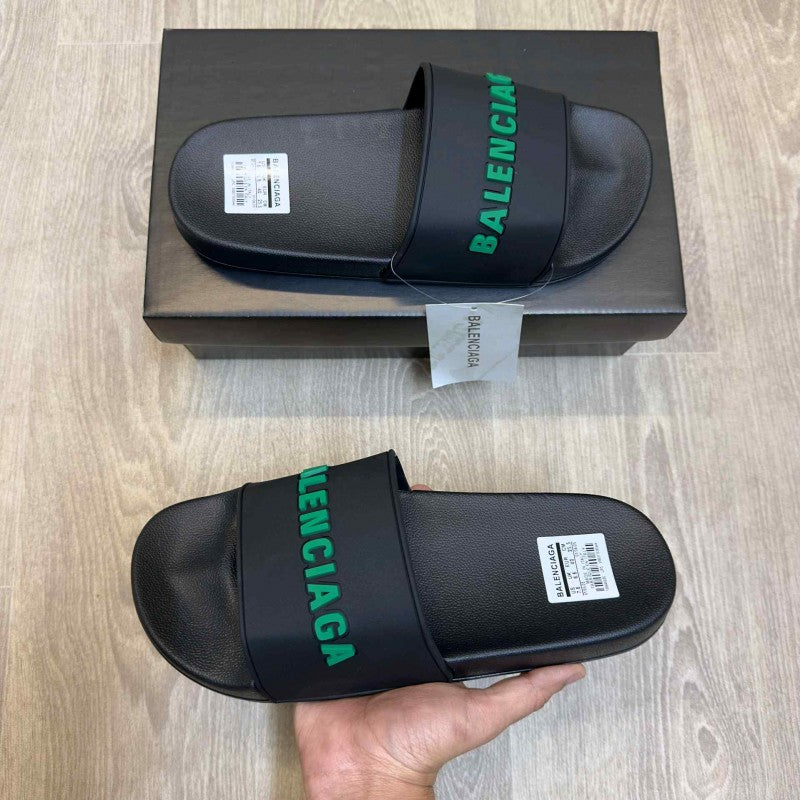 Balenciaga Logo Embossed Pool Black Green Slides