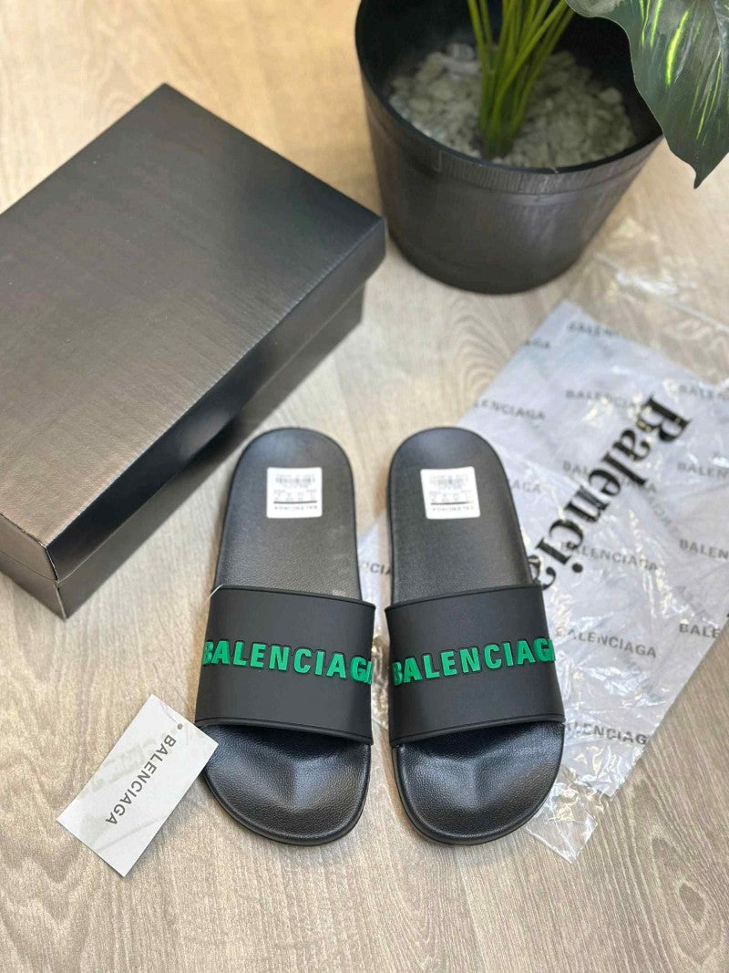 Balenciaga Logo Embossed Pool Black Green Slides