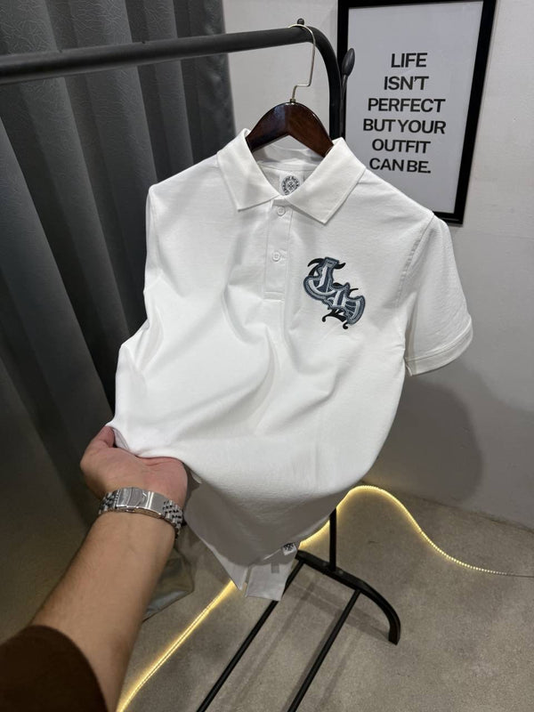 Chrome heart turkey imported polo tshirt with patch and embroidery and brand button white