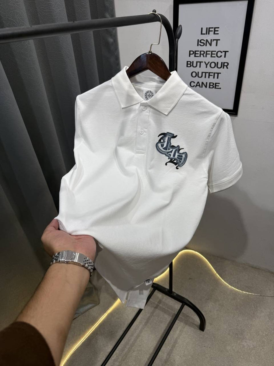 Chrome heart turkey imported polo tshirt with patch and embroidery and brand button white