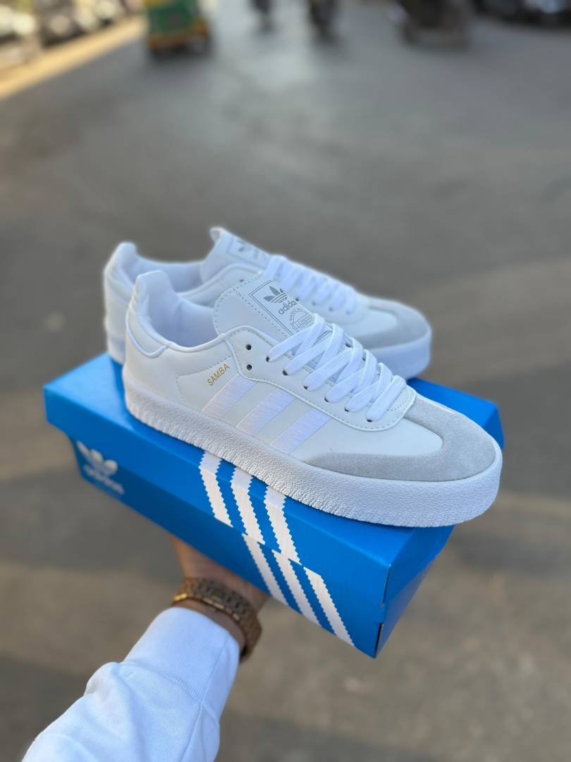 Adidas Samba Triple White Satin Stripe