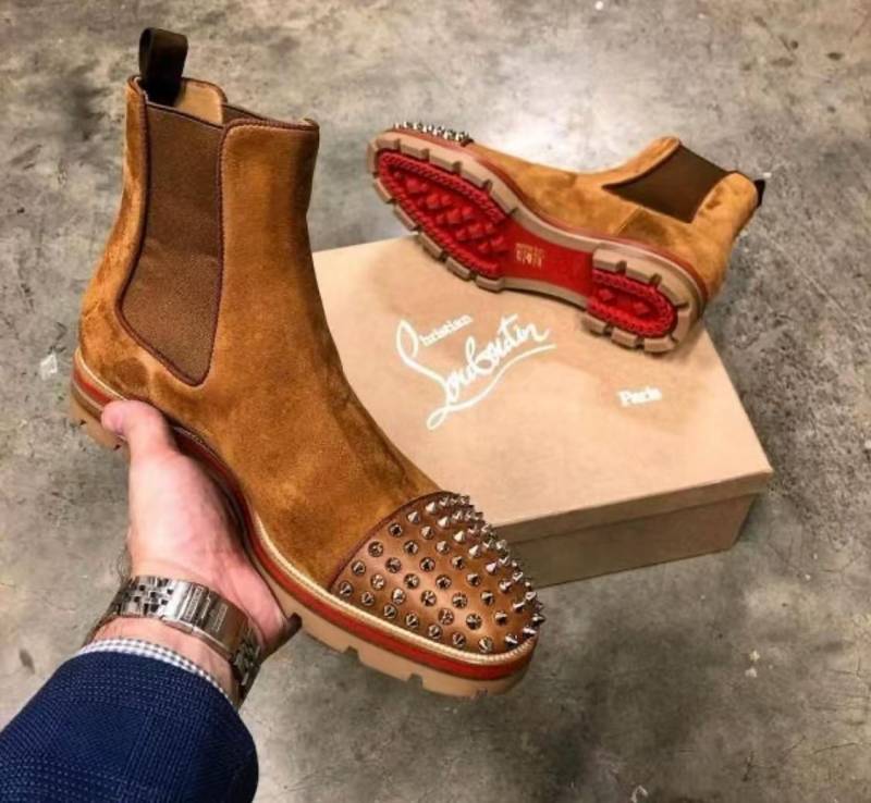 Christian Loubotin Spikes Suede Chelsea Boots Tan Premium