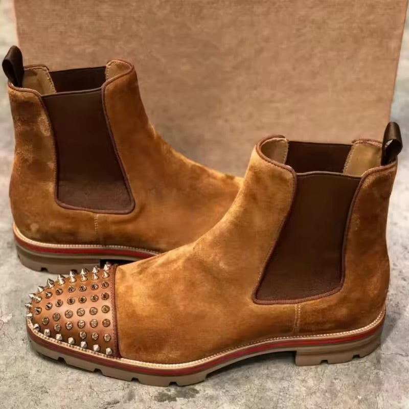 Christian Loubotin Spikes Suede Chelsea Boots Tan Premium