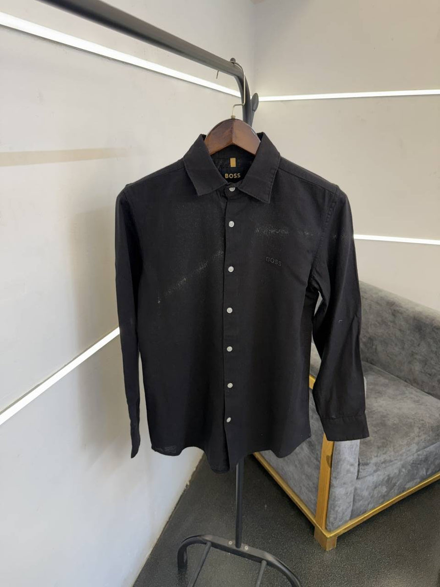 Hugo bos black imported linen fabric shirt with embroidery logo