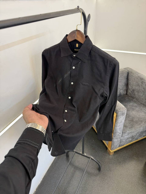 Hugo bos black imported linen fabric shirt with embroidery logo