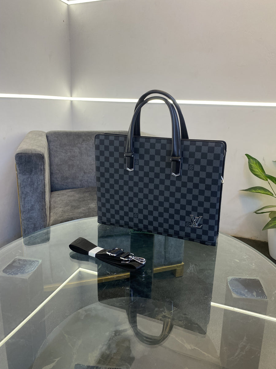 Louis Vuitton monogram laptop bag with single zip and inside three pockets black grey