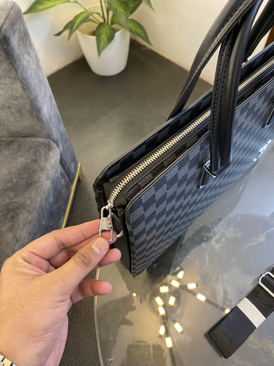 Louis Vuitton monogram laptop bag with single zip and inside three pockets black grey