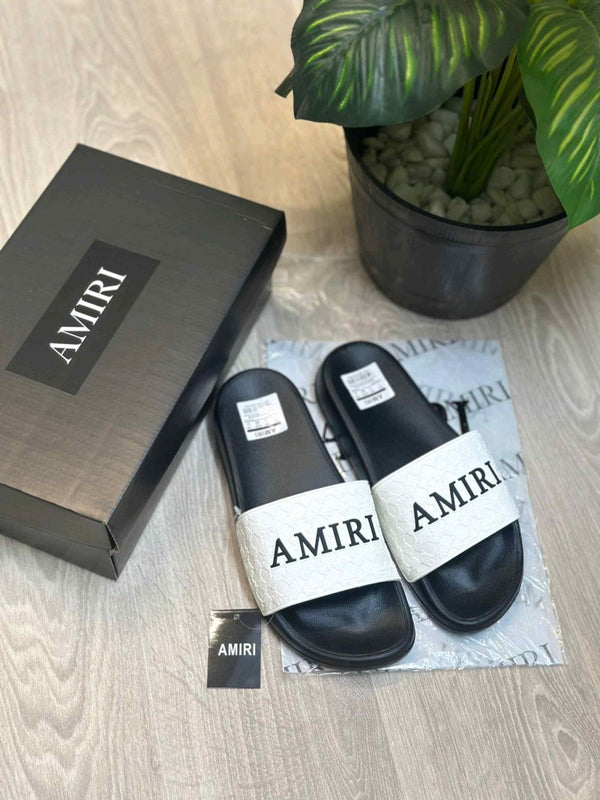 Amirri MA Quad Logo Embossed White Black Slides