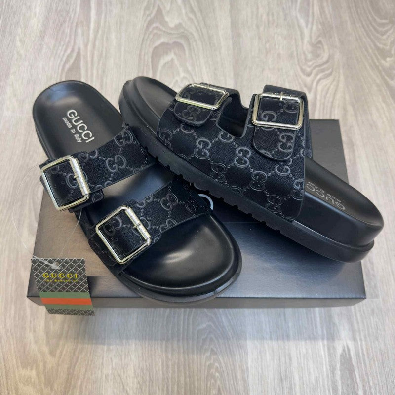 Gucci GG Monogram Adjust Double Strap Black Sandal