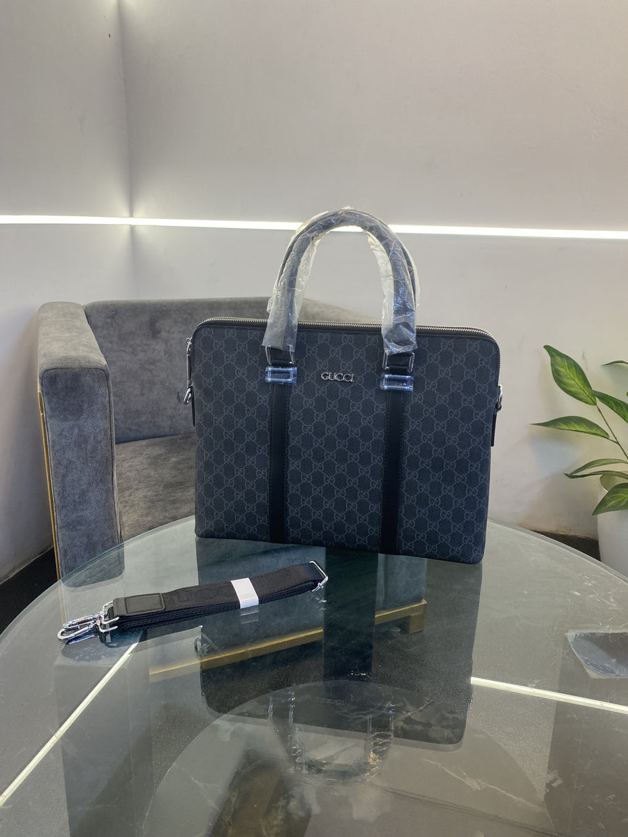 Gucci Imported leather laptop bag with double zip back zip and strap black silver