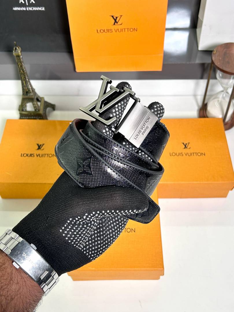 Louis Vuitton Silver Black Belt With Box And Carry Bag Fa 20