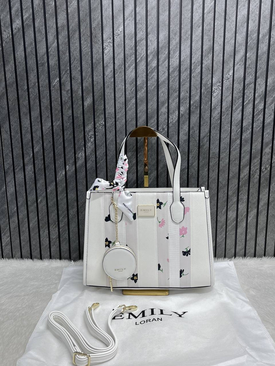 Emily Loran White Medium Satchel Bag Highend Leather Handbag With Dust Cover Packaging
