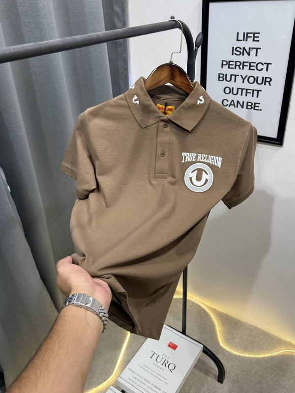 True religion embroidery logo imported polo tshirt brown