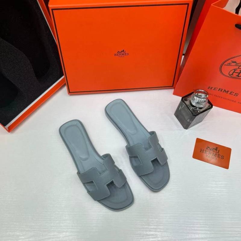Hermes Paris Oran Flats For Her With OG Box & Carry Bag Blue Slide H38 Blue