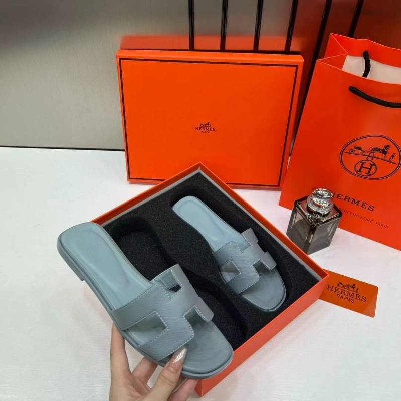 Hermes Paris Oran Flats For Her With OG Box & Carry Bag Blue Slide H38 Blue
