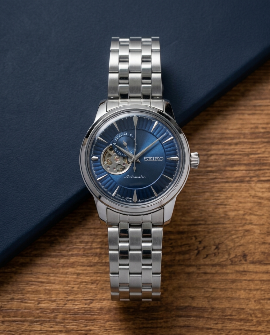 Seiko Presage Cocktail Time Open Heart Automatic silver blue
