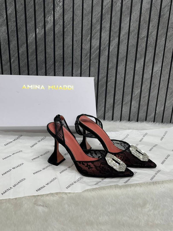 Amina Muaddi Camellia Crystal Embellished Lace SlingBack Heels For Women With Original Box