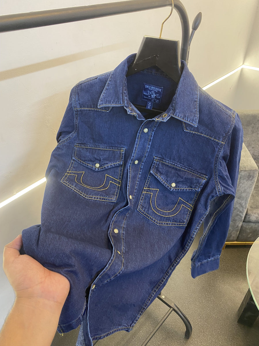 03 True religion snap button denim shirt dark blue sale