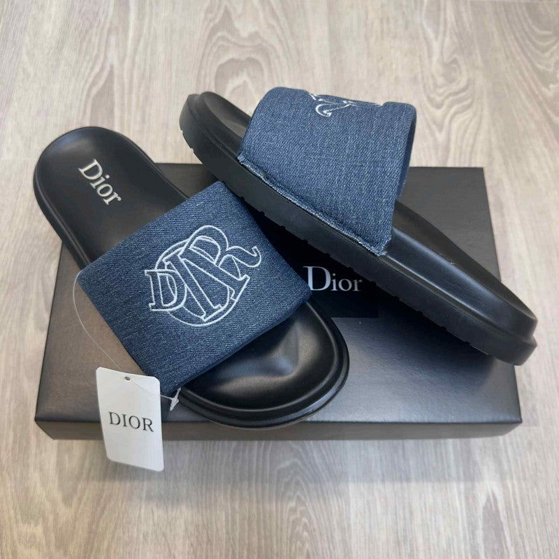 Christian Diyor Circular Embroidered Logo Premium Blue Black Slides