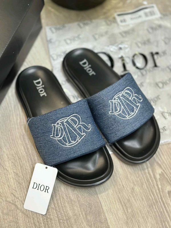 Christian Diyor Circular Embroidered Logo Premium Blue Black Slides