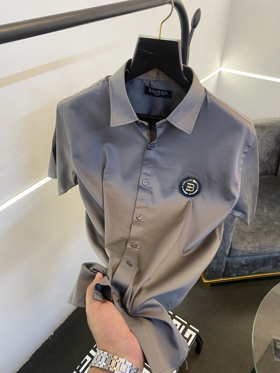 Balmain steel chest and sleeves logo half sleeves imported shirt grey