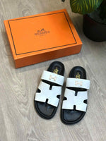 Hermes Chypre Soft Comfort White Black Shine Sandal