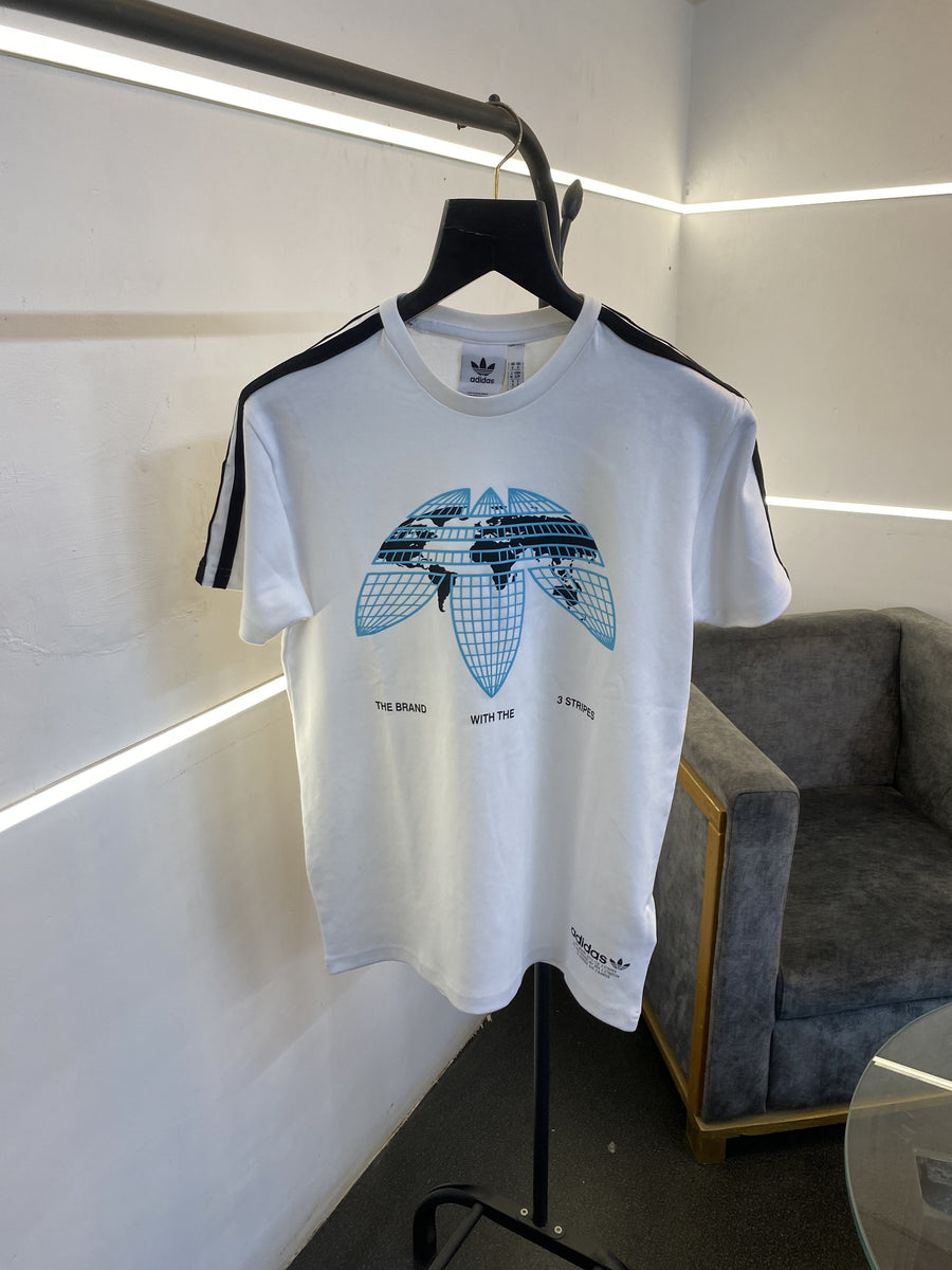 Adidas round neck imported tshirt world map print in front and three strips on shoulder
