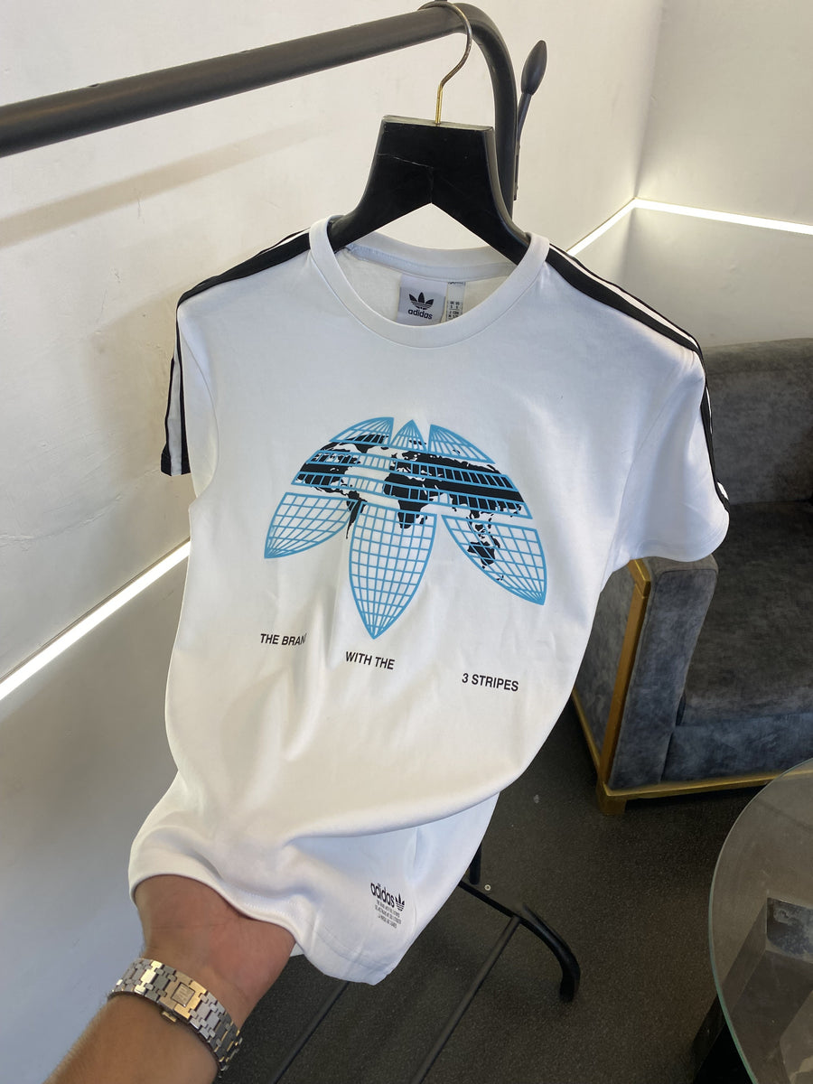 Adidas round neck imported tshirt world map print in front and three strips on shoulder