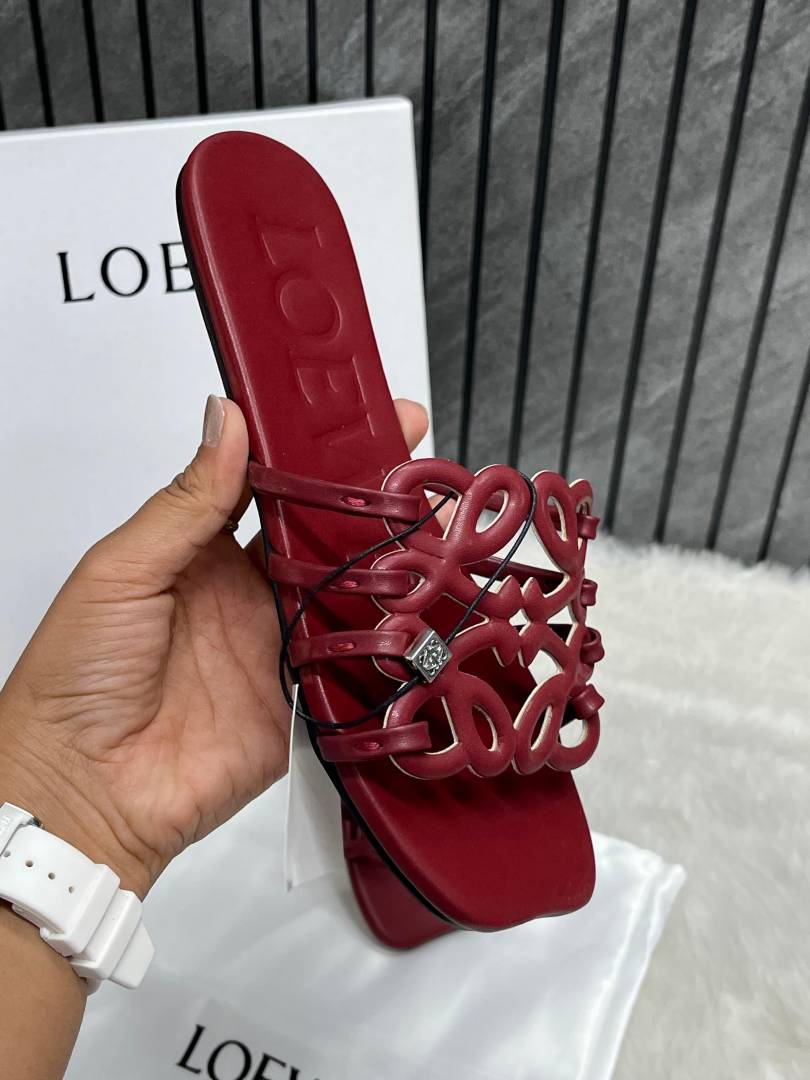 Loewe Red Wine Petal Anagram Slides For Women With Original Box And Dust Cover