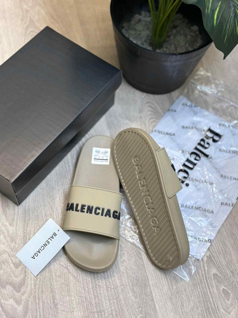 Balenciaga Logo Embossed Pool Beige Black Slides