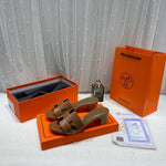 Hermes Oasis Sandals Dark Brown H cut-out Stacked Block Heel With OG & Carry Bag 778 Dark Brown