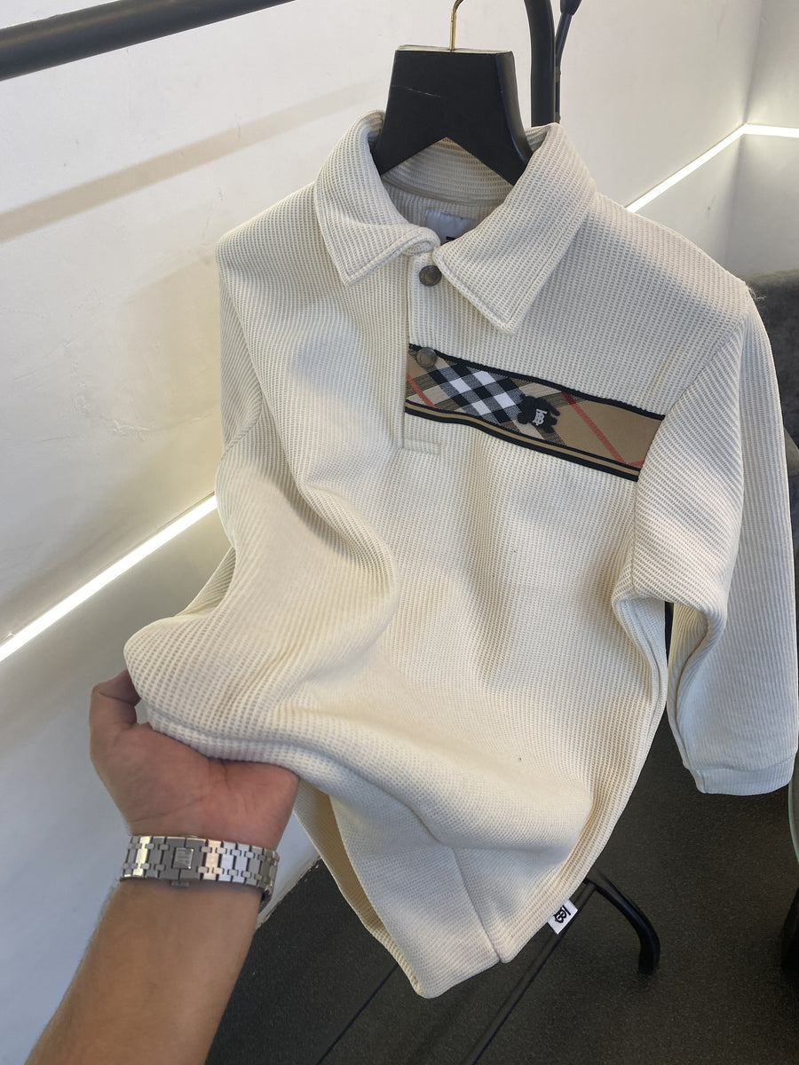 Burberry self knitted imported sweatshirt with brand strip metal logo and brand buttons cream