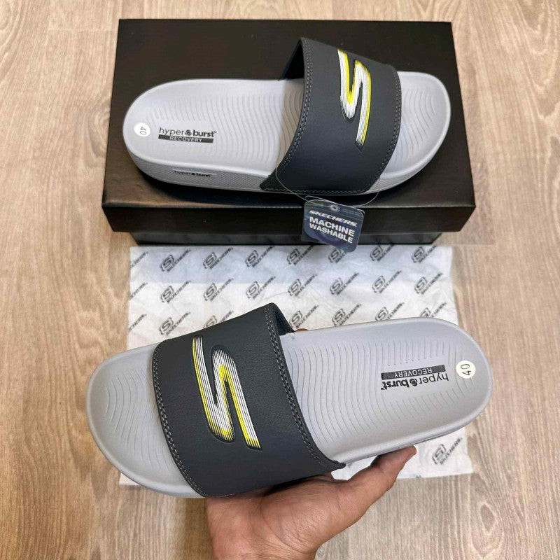 Skechers Hyper Burst Soft Premium White Yellow Logo Grey Flip-Flop SE12