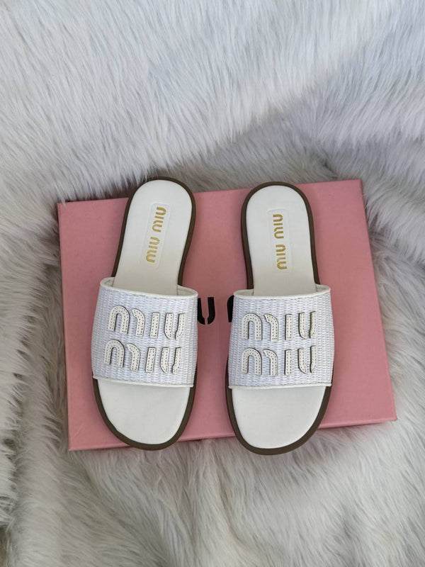Miu Miu Raffia Effect On Sale White Slides For Her With Original Box And Dustcover