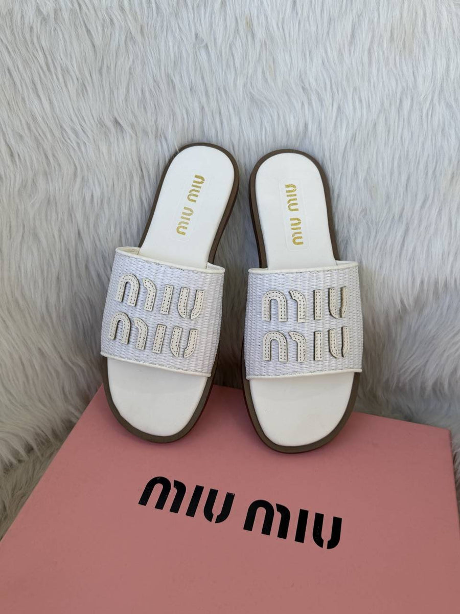 Miu Miu Raffia Effect On Sale White Slides For Her With Original Box And Dustcover