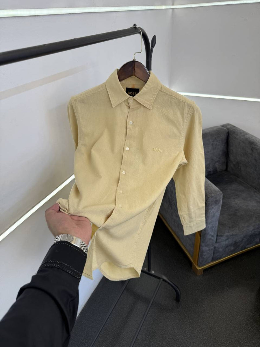 Hugo bos lemon yellow imported linen fabric shirt with embroidery logo
