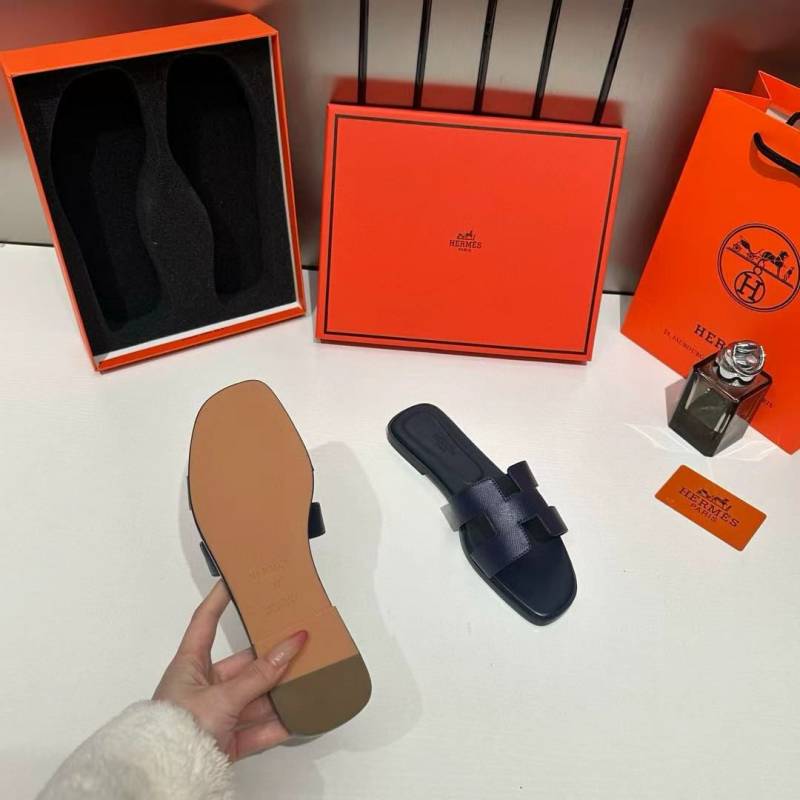 Hermes Paris Oran Flats For Her With OG Box & Carry Bag Dark Blue Slide H38 Dark Blue