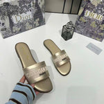 Christian Dioor Dway Slide Flats Metallic Gold Embroidered Signature Logo With OG Box & Carry Bag 1890-60 Gold