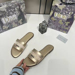 Christian Dioor Dway Slide Flats Metallic Gold Embroidered Signature Logo With OG Box & Carry Bag 1890-60 Gold