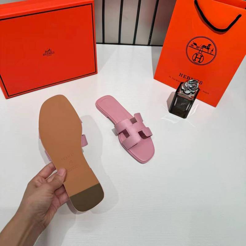 Hermes Paris Oran Pink Flats For Her With OG Box & Carry Bag Slide Pink