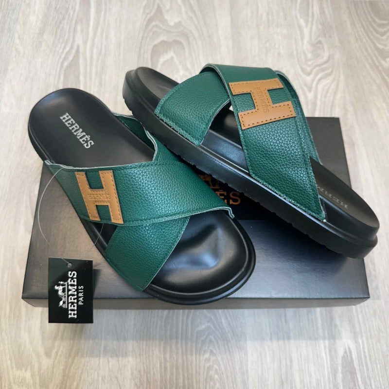Hermes Criss-Cross Strap Premium Leather Green Slides