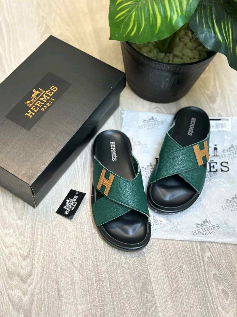 Hermes Criss-Cross Strap Premium Leather Green Slides