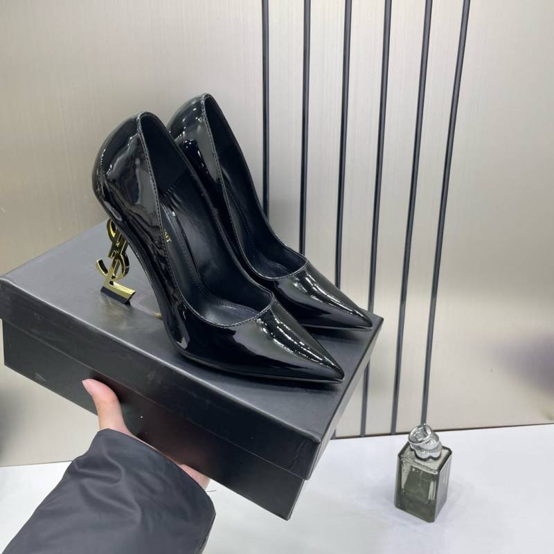 Ysl Saint Laurent Opyum Black Patent Leather Logo-Heel Pumps with OG Box 2499-1 Black
