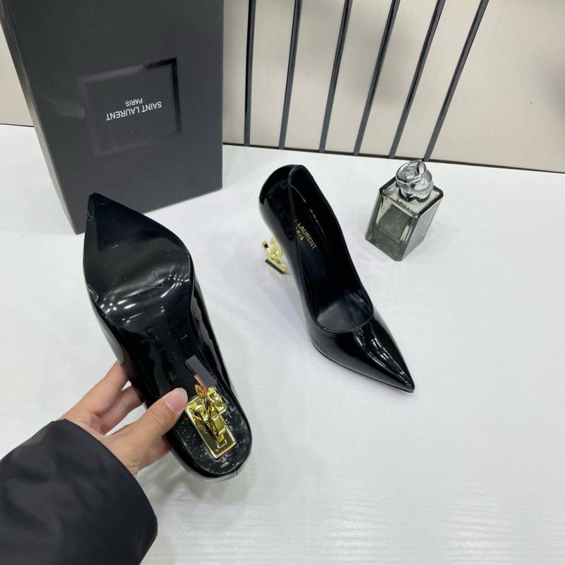 Ysl Saint Laurent Opyum Black Patent Leather Logo-Heel Pumps with OG Box 2499-1 Black