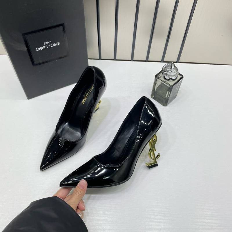 Ysl Saint Laurent Opyum Black Patent Leather Logo-Heel Pumps with OG Box 2499-1 Black